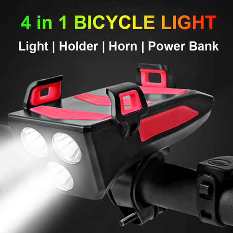 NEWBOLER Multifunción 4 en 1 Luz de bicicleta USB recargable LED Faro de bicicleta Soporte de teléfono de bocina de bicicleta Powerbank Cycling Light ► Foto 1/6