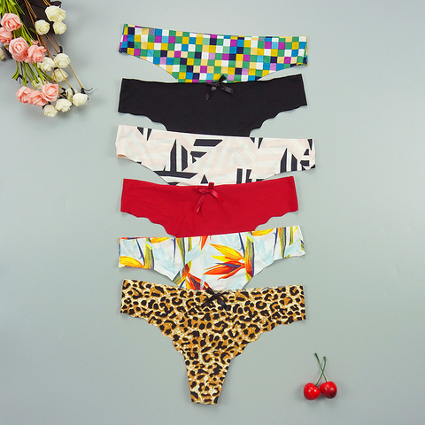 6 unids/lote de Tangas Sexy para mujer, bragas sin costuras, bragas de Tangas súper fino, íntimo, cadena de leopardo, ropa interior de tiro bajo de seda helada ► Foto 1/6