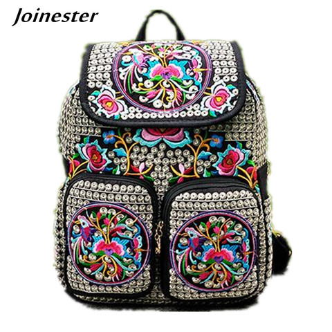 Mochilas de lona informales con bordado Floral para mujer, bolsos escolares étnicos para niñas, Vintage, con múltiples bolsillos, bolsos de viaje con solapa ► Foto 1/6