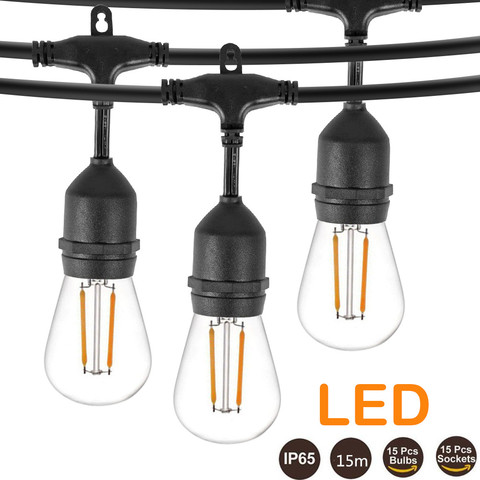 Tira de luces LED de 15M para exteriores, 15 bombillas IP65 S14, E26 E27, bombillas de filamento Edison, para jardín, Patio, vacaciones, boda, cadena de luces ► Foto 1/6