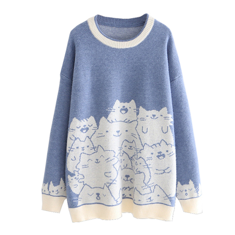 Feliz bastante gato de dibujos animados de punto bordado Jersey Otoño Invierno mujer jersey de Harajuku suéter o-Cuello de manga larga jerseys ► Foto 1/6