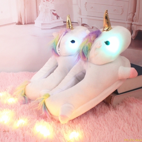 Pantuflas de peluche para interiores, zapatos cálidos de invierno con luz LED brillante, para niñas por la noche, unicornio, 35cm ► Foto 1/6