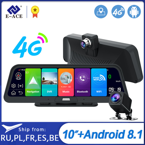 Cámara Dvr para coche de E-ACE 4G 10 pulgadas Android 8,1 navegación GPS FHD 1080P cámara de vídeo automática grabador ADAS Monitor remoto cámara de salpicadero ► Foto 1/6