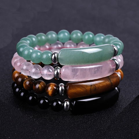 Pulsera de hebra de piedra Natural de 8mm, Reiki, Rosa curativo, cuarzo Aventurina, ágata, rosa de cristal, barra rectangular, PULSERAS CON ABALORIOS ► Foto 1/6