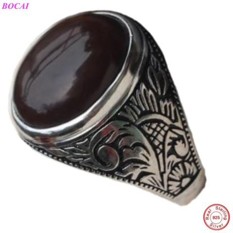 Clásico estilo marrón circular Piedra Natural precept masculino S925 plata esterlina tailandesa anillo de plata para hombres ► Foto 1/6