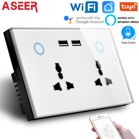 ASEER UK usb hembra con Panel de cristal táctil universal toma wi-fi pared con temporizador función compatible con alexa google asistente ► Foto 1/5