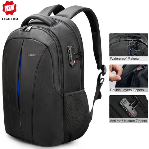 2022 Tigernu Estilo Clásico Hombres Mochila Estudiante Morral de La Escuela Bolsas A Prueba de agua USB 15.6 