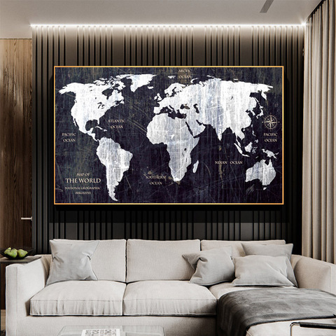 Arte confiable, mapa del mundo, imágenes en blanco y negro, pintura en lienzo de estilo clásico, arte abstracto de pared, decoración para hogar sin marco moderna ► Foto 1/6