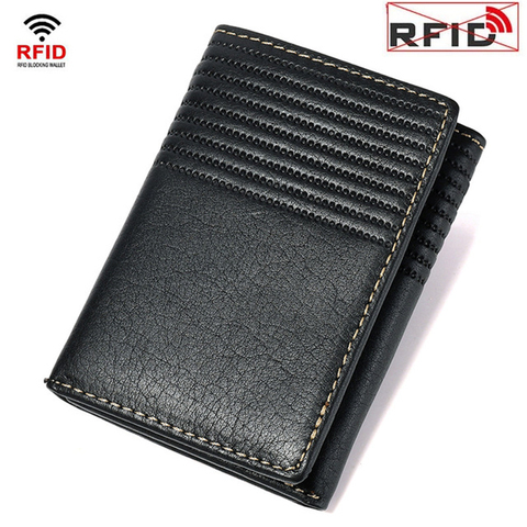 Billetera Vintage de cuero genuino para hombre, billetera corta antirrobo RFID, plegable, tarjetero, paquete de identificación, novedad ► Foto 1/6