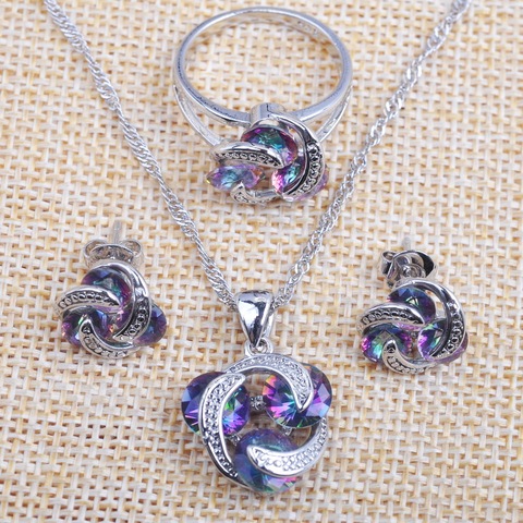 Clásico Multicolor Arco Iris Zircon para las mujeres 925 Sterlig conjuntos de joyas de plata COLLAR COLGANTE pendientes anillos envío gratuito TZ0174 ► Foto 1/6