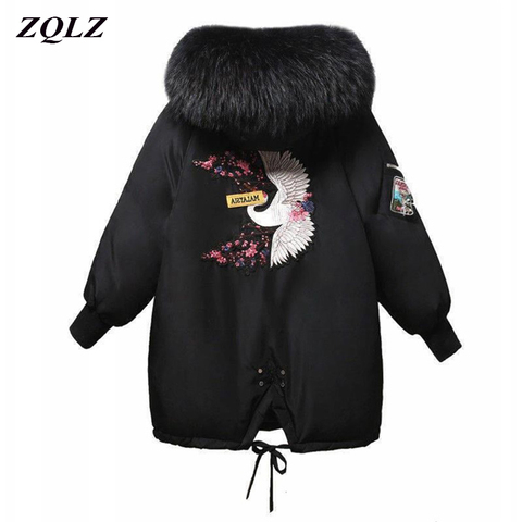 ZQLZ-abrigo de invierno para Mujer, Nuevo bordado informal con capucha, cuello de piel, Parka larga suelta, abrigo grueso y cálido, chaqueta de moda, 2022 ► Foto 1/6