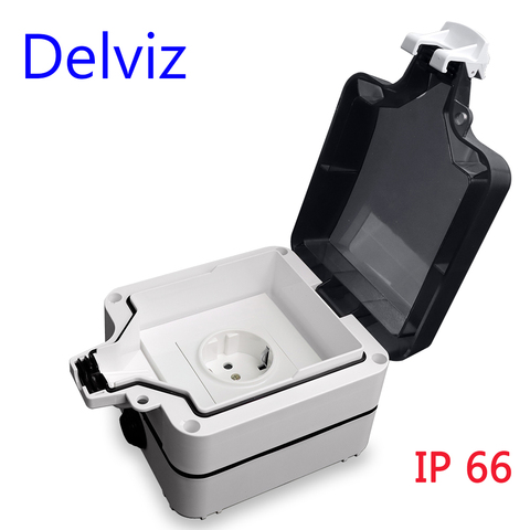 Delviz-Caja impermeable IP66, resistente al agua, con enchufe de pared de la Unión Europea de 16A, instalación externa, se puede bloquear, exterior ► Foto 1/6