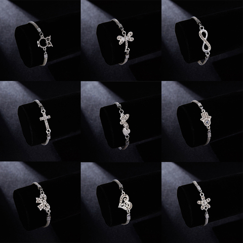 Pulsera ajustable Infinity con diamantes de imitación, joyería plateada, búho, Libélula, mariposa, llave cruzada, lazo, flor, Corazón ► Foto 1/6