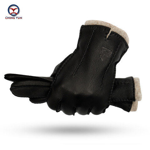 Guantes de piel de ciervo cosidos a mano para hombre, manopla cálida y suave, corrugada, color negro, forro de lana 70%, Otoño e Invierno ► Foto 1/6