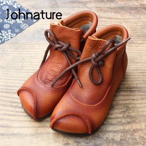 Johnature-Botines de piel auténtica con cordones para mujer, botas planas con punta redonda, zapatos de costura, 2022 ► Foto 1/6