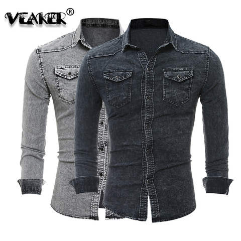 Camisa vaquera 2022 de algodón para hombre, Camisa ajustada de manga larga, camisetas de vaquero desgastadas grises con estilo, Tops de talla grande M-3XL ► Foto 1/6