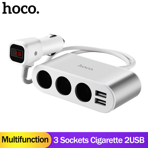 HOCO-cargador de coche con 3 enchufes, adaptador de encendedor de cigarrillos, divisor, 2 USB, con medidor de voltaje con pantalla Digital, teléfonos móviles ► Foto 1/6