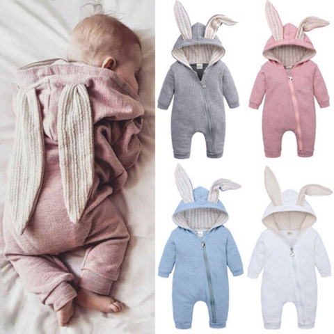 Pudcoco-Pelele de manga larga con orejas de conejo para niños y niñas, mono con capucha liso de 4 colores, ropa de otoño, envío rápido de 0 a 24M ► Foto 1/6