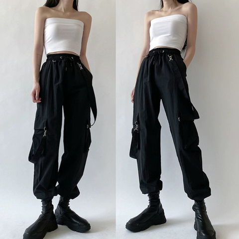 Pantalones Cargo Harajuku para mujer, pantalón negro con correa desmontable, ropa de calle con cintura elástica, informales ► Foto 1/6