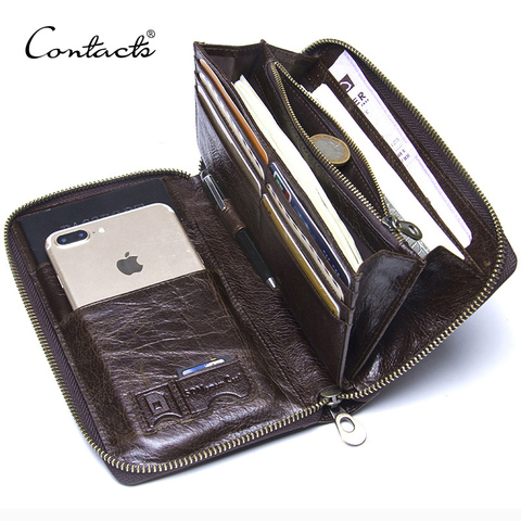 Cartera de cuero genuino para hombre, Cartera de marca, portatarjetas para hombre, cremallera larga alrededor del bolso de viaje con portatarjetas para pasaporte, teléfono de 6,5