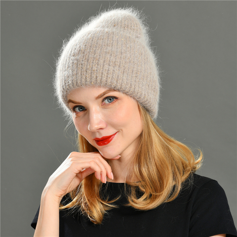 Gorro con pelo de conejo para mujer, gorros de abrigo, informal, liso, punto de Cachemira, con cable brillante, para Otoño e Invierno ► Foto 1/6