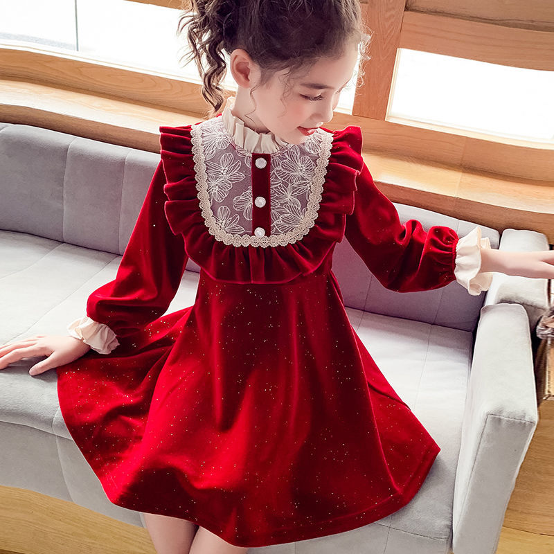 Vestido de princesa de terciopelo para niña, novedad de Otoño de 2022, versión coreana, vestido de encaje rojo para niña, estilo oeste XXZ073 ► Foto 1/6