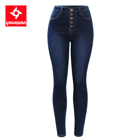 Youaxon-pantalones vaqueros elásticos de cintura alta para mujer, Vaqueros ceñidos con botones, color azul oscuro, 2141 ► Foto 1/6