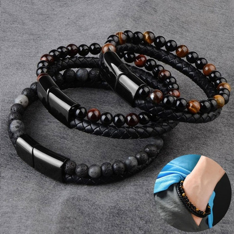 Pulsera con abalorio de piedra Natural para hombre, brazalete de piel auténtica negra con hebilla magnética, de 19cm, con holograma, joyería, 6MM ► Foto 1/6