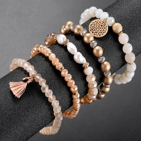 Pulsera elástica con cuentas de cristal para mujer y niña, juego de cuentas de perlas de vidrio facetadas populares, pulsera de borla, regalo de joyería hecho a mano ► Foto 1/6