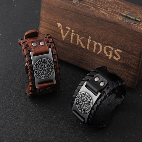 Encanto de cuero pulsera hombres Punk cuerda trenzada de aleación brazalete de hombre pulsera Viking pulsera para hombre joyería con caja de madera ► Foto 1/6