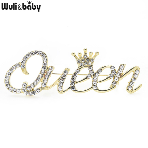 Wuli & baby-broches de Reina con diamantes de imitación para mujer, broche de 2 colores con letras de corona, pasadores para oficina, regalos ► Foto 1/5