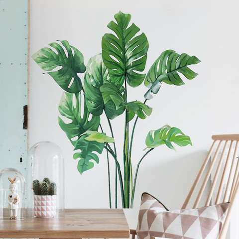 Decoración de pared de plantas tropicales para sala de estar, calcomanías de pared de hojas verdes para decoración de dormitorio, murales de Arte de vinilo extraíbles, decoración del hogar ► Foto 1/6