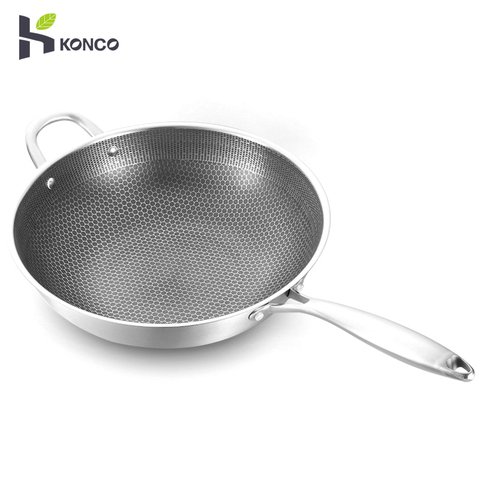 Sartén Wok de acero inoxidable, sartén de panal sin aceite Wok de humo, adecuado para cocina de Gas y de inducción herramienta de cocina ► Foto 1/6