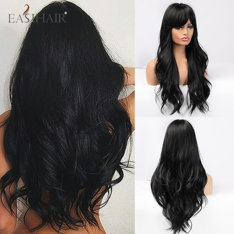 EASIHAIR-pelucas negras largas para mujer, cabello sintético ondulado con flequillo completo para mujer blanca/negra, pelo Natural brasileño americano ► Foto 1/6