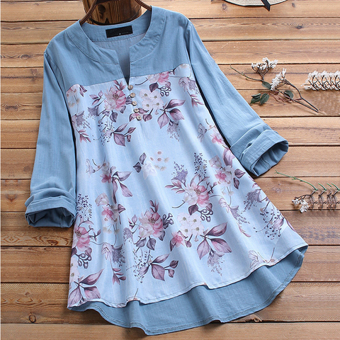 2022 las nuevas mujeres Vintage cuello en V superior otoño Floral impreso Blusa camisa manga larga Casual túnica Patchwork Blusa de talla grande M-5XL ► Foto 1/6