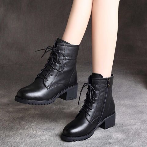 Botas de tacón de lujo para mujer, bota de cuero para mujer, zapatos gruesos de plataforma, Botines de tacón grueso, calzado cálido de marca de diseñador ► Foto 1/5