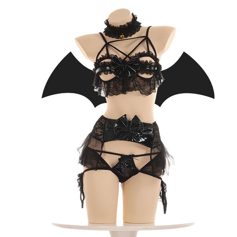 Lencería Sexy de murciélago de encaje para mujer, Conjunto de sujetador de copa abierta de Cosplay de Bikini del diablo de pequeño demonio de cuero Pu, alas de Anime de Lolita, ropa exótica ► Foto 1/6