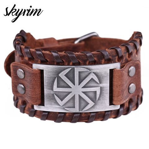 Skyrim eslavo Kolovrat pulsera para los hombres amuleto pagano talismán amplia pulseras de cuero genuino brazalete ajustable estilo Punk ► Foto 1/6