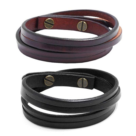 Pulseras y brazaletes de cuero KIirykle simples de doble cubierta para hombres Punk marrón/pulsera negra, joyería de regalo para niño ► Foto 1/6