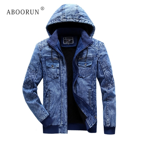 ABOORUN-Chaquetas vaqueras con capucha para hombre, chaqueta vaquera con forro polar azul, abrigo informal de algodón de marca, para invierno ► Foto 1/5