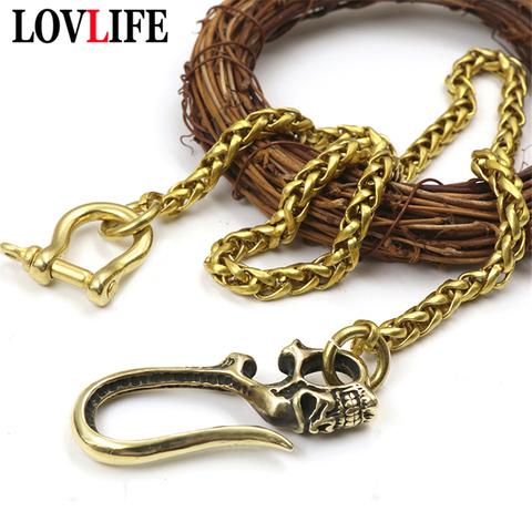 Cadena larga de latón para hombre, cinturón de cintura, llavero colgante, Vintage, calavera de cobre aros de hebilla, pantalones, cadenas, ganchos de cabeza de dragón ► Foto 1/6