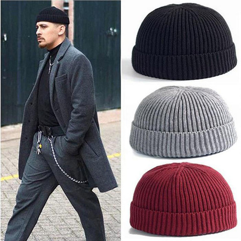 Unisex invierno cálido de los hombres de punto skullcap casual puño sin ala Hip Hop sombrero corto melón acanalado esquí pescador docker beanie sombreros ► Foto 1/6