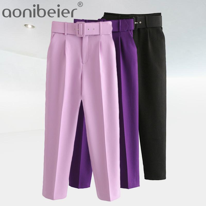 Aonibeier elegante carrera pantalón Oficina dama Pantalones rectos de cintura alta cinturón Casual de la longitud del tobillo de las mujeres traje de pantalones bolsillos Sashes ► Foto 1/6