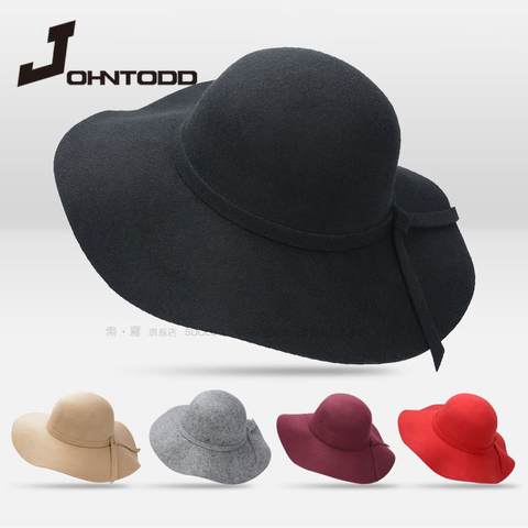 Gorro nuevo sombrero Fedora señoras clásico suave amplia ala sombrero de fieltro de lana sombrero playa caliente sombrero de fieltro para mujer sombrero del cubo ► Foto 1/6