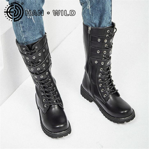 Botas de combate con remaches para hombre, zapatos de motorista góticos de estilo Punk, botas casuales de cuero de lujo para motocicleta, botas militares ► Foto 1/6