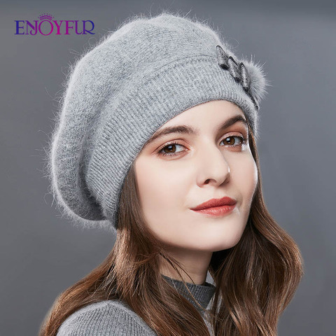 ENJOYFUR-boina de Cashmere para mujer, gorros de punto de conejo, gorros de invierno para mujer de mediana edad, Gorro cálido con lazo de bola ► Foto 1/6