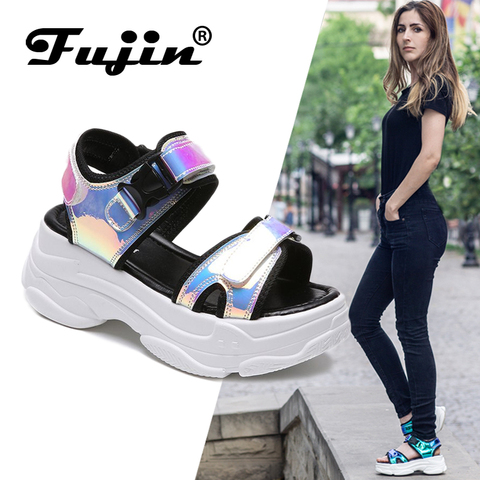 Sandalias de mujer de marca Fujin 2022 nuevos zapatos casuales de moda para mujer zapatos de plataforma con hebilla de cuña Bling 5 CM sandalias de verano ► Foto 1/6