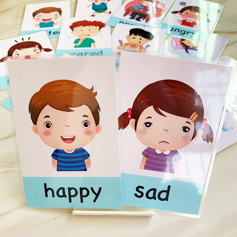 Cartas de aprendizaje de emociones de bebé Montessori de 14 Uds., tarjetas Flash de emociones inglesas de dibujos animados para niños, juego divertido de ejercicio de memoria ► Foto 1/6