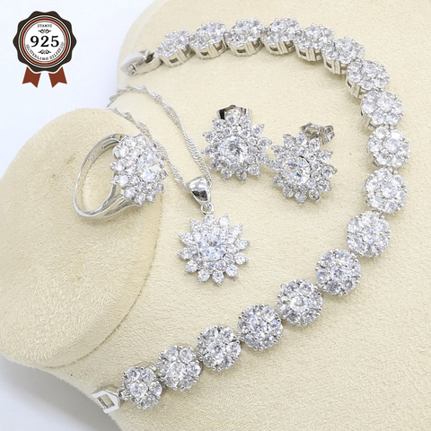 Conjunto de joyería de boda para mujer, de circonita blanca, Color plata, pulsera, pendiente, collar, colgante, anillo, caja de regalo ► Foto 1/6