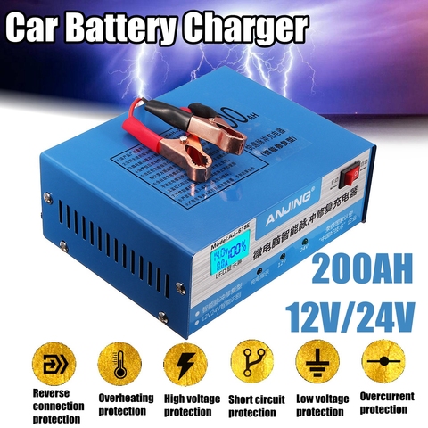 Cargador de batería de coche automático inteligente pulso reparación 130 V-250 V 200AH 12/24V con adaptador ► Foto 1/6